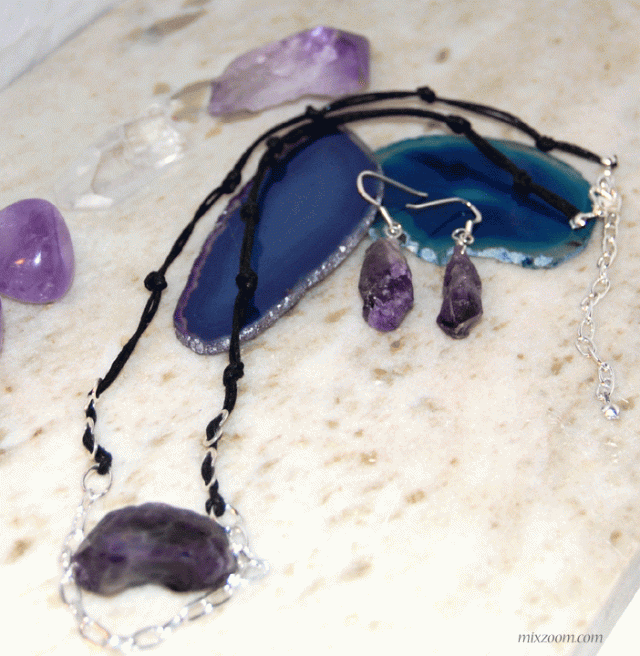 .simple bohemian... pendants and earrings with  quartz  and unpolished amethyst stones....mixzoom.com